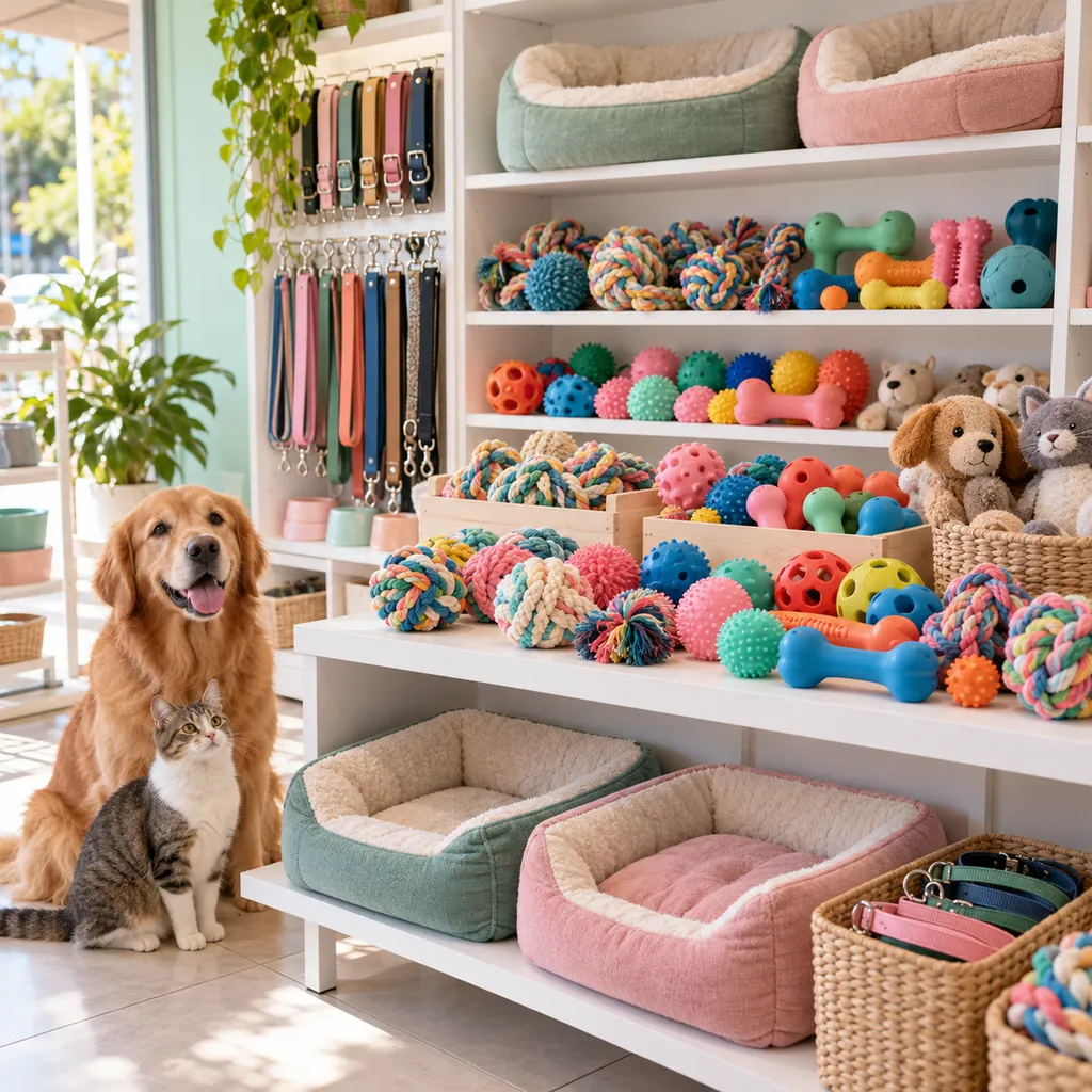 Prateleiras do pet shop com coleiras, brinquedos e caminhas, com um cachorro e um gato na frente