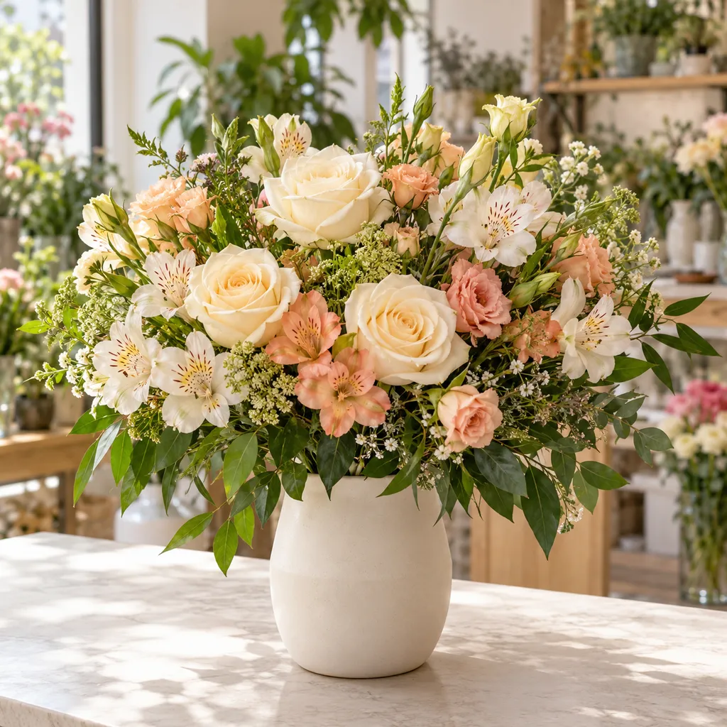 Arranjo de rosas brancas, lírios e flores creme num vaso branco