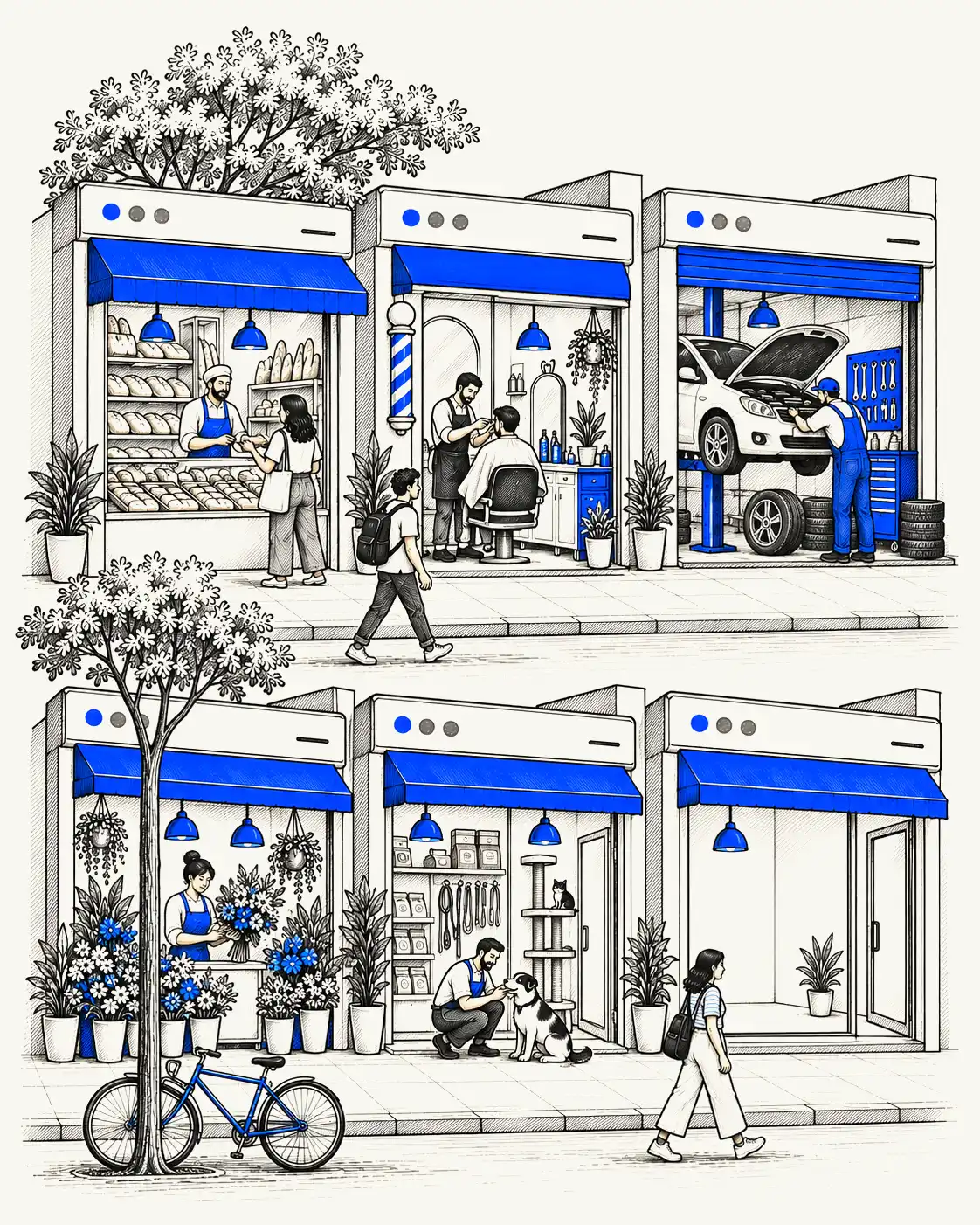 Desenho a nanquim de uma rua com seis lojas cuja fachada é uma janela de navegador: padaria, barbearia, oficina mecânica, floricultura, pet shop e uma loja vazia com a placa "Sua empresa".