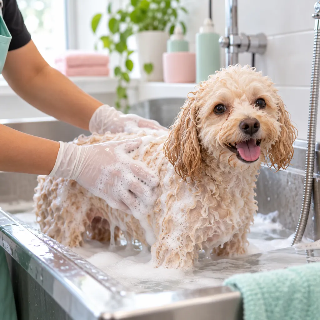 Cachorro de pelo claro tomando banho com espuma