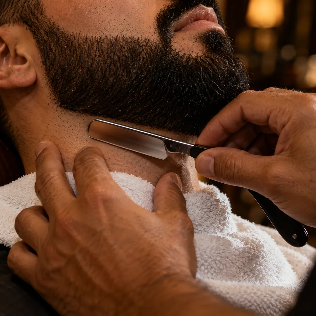 Barbeiro fazendo o contorno da barba na navalha, com toalha no pescoço