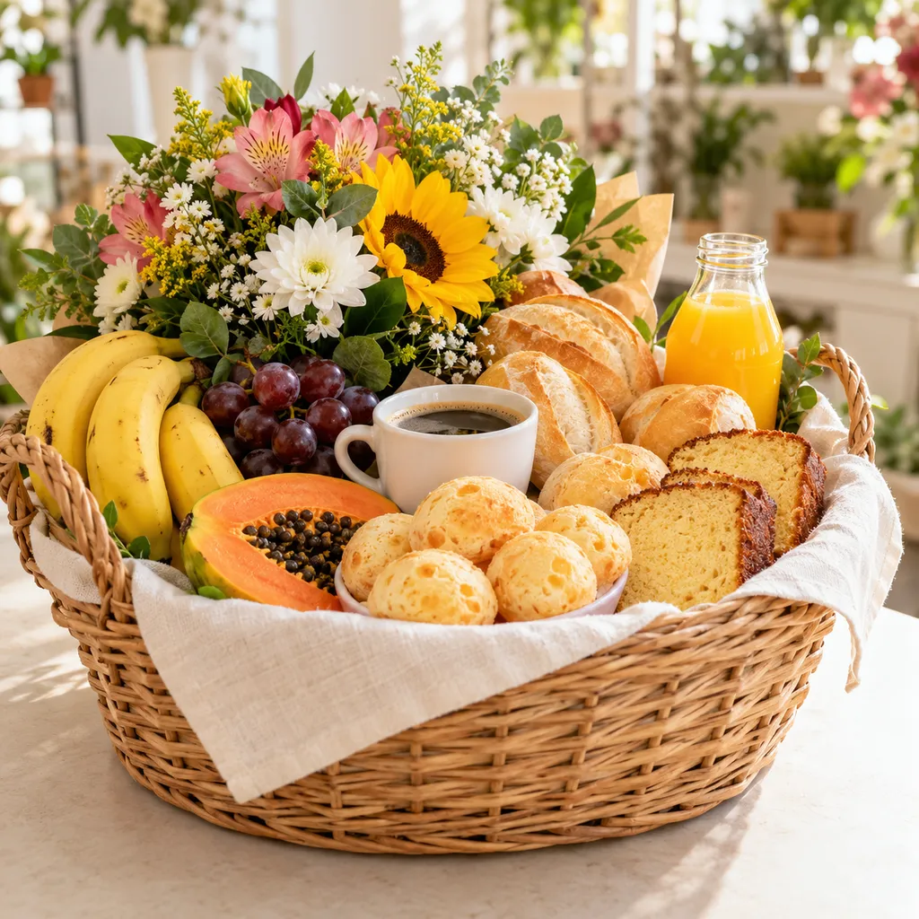 Cesta de café da manhã com pães, frutas, suco e flores
