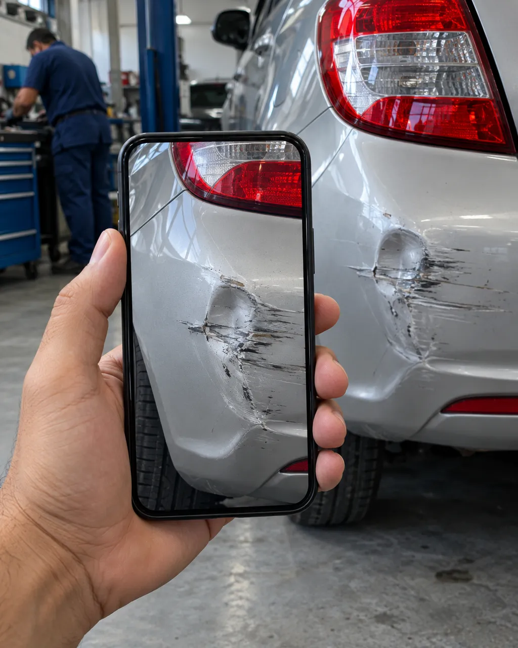 Cliente fotografando com o celular um amassado no para-choque traseiro do carro