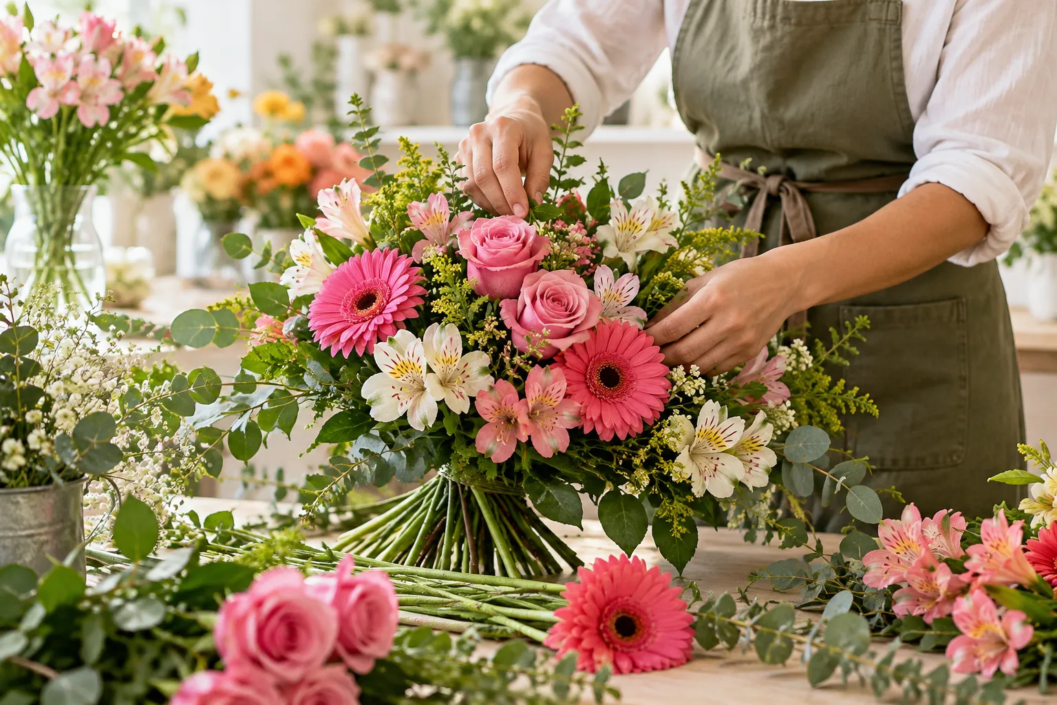 Florista montando um buquê de rosas, gérberas e astromélias na bancada da loja