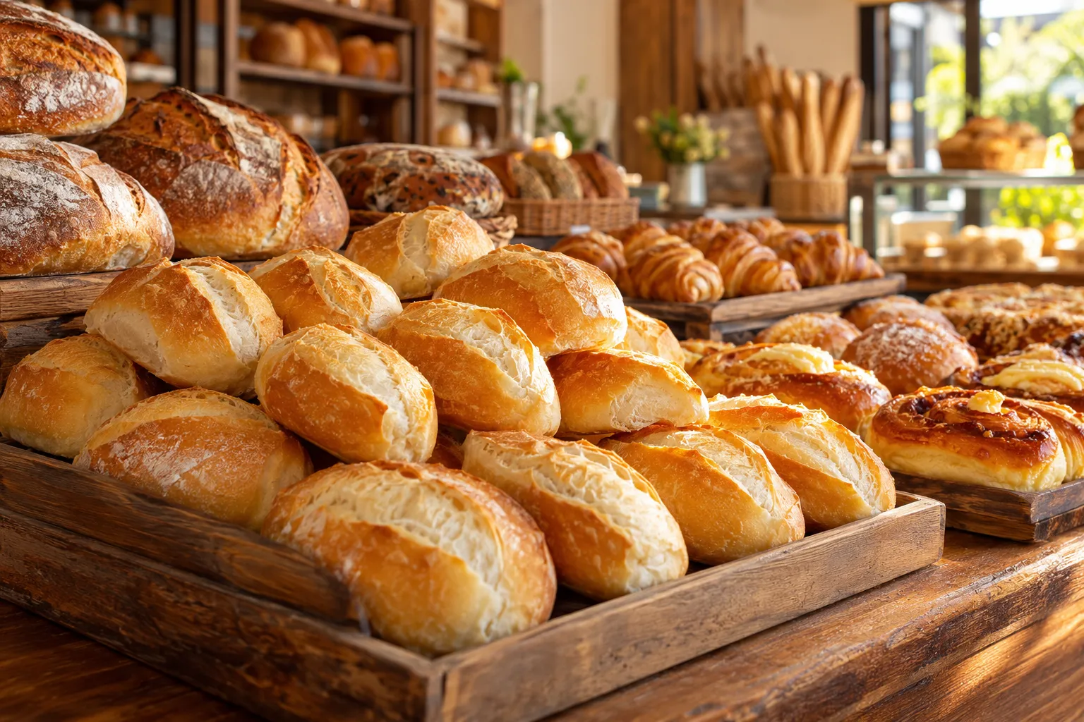Balcão da padaria com pães recém-saídos do forno