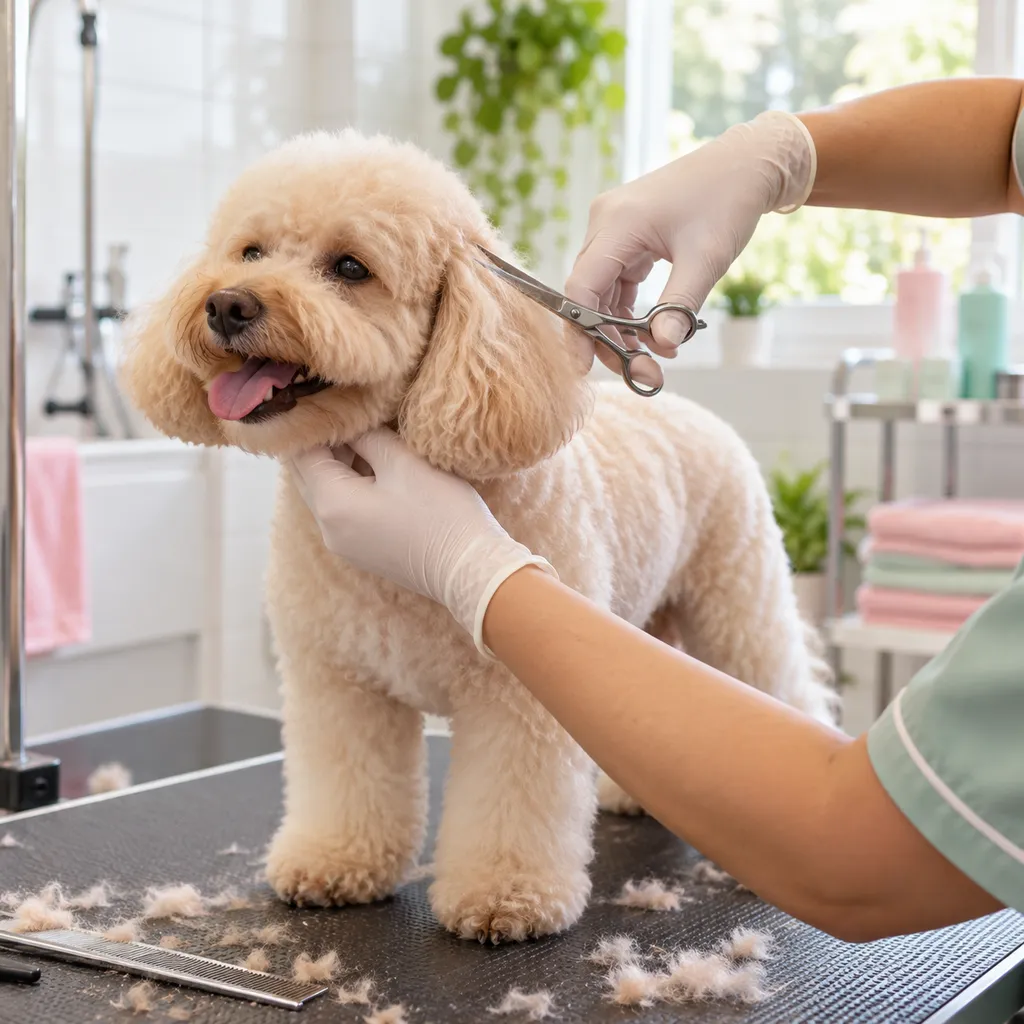 Tosadora aparando o pelo de um cachorro com tesoura